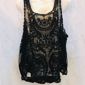 Sheer Patterned Mesh Black Tank OS
